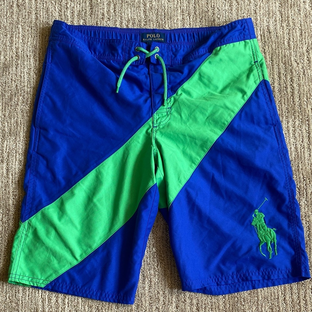 Vintage Polo by Ralph Lauren Swimwear Royal Blue & Green Diagonal Swim Trunks